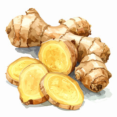 Watercolor illustration of fresh ginger root and cut slices.