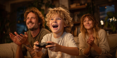 Young boy excitedly playing video game with parents cheering him on