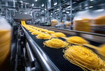 A bustling food production facility showcasing pasta being processed on a conveyor belt.