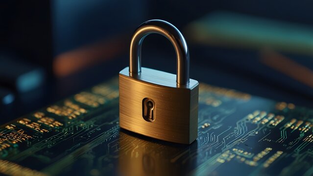 A strong metal combination padlock featuring an internal glowing microchip placed upon a dark computer motherboard surface. Technology concept