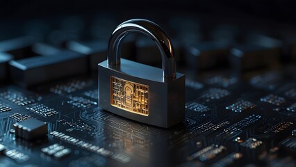 A strong metal combination padlock featuring an internal glowing microchip placed upon a dark computer motherboard surface. Technology concept