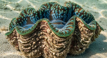 Giant Clam with Colorful Mantle Resting on Sandy Seabed Underwater