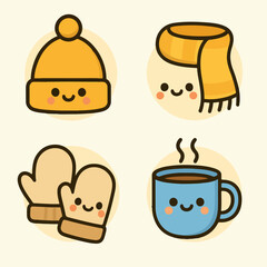 Winter set cute beanie scarf mittens and warm drink icon pack