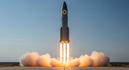 Rocket launching into the sky with bright flames and smoke