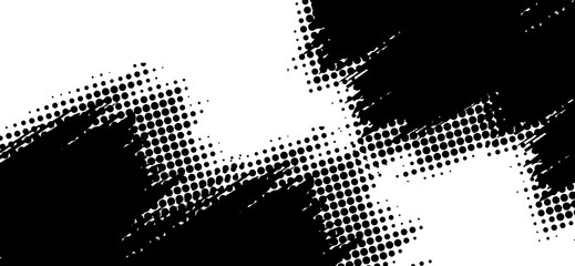 Monochrome abstract art shows a halftone textured design with dramatic black brushstrokes and dynamic gradient effects, creating a bold and impactful graphic element