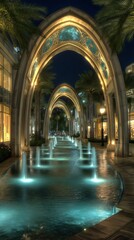 A mesmerizing night view of an ornate archway lined with fountains, creating a tranquil and enchanting atmosphere in this architectural masterpiece