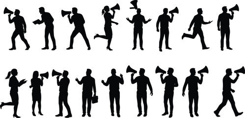 Silhouette people with megaphones, protest crowd communication, public speaking illustration, activism demonstration concept, business announcement, marketing promotion, teamwork leadership, social 