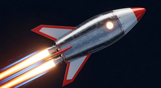A retrofuturistic rocket blasts off into the starry night sky with fiery exhaust - Powered by Adobe