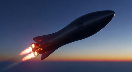 A dark, futuristic rocket blasts off into the twilight sky with fiery engines