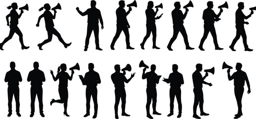 Silhouette people with megaphone, protest crowd communication, public speaking figures, activism demonstration icons, announcement shouting poses, rally awareness illustration, social movement graphic