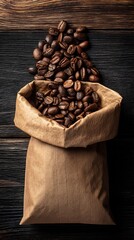 A rustic brown paper bag overflowing with freshly roasted coffee beans, spilling onto a dark wooden surface, creating a warm and inviting coffee still life