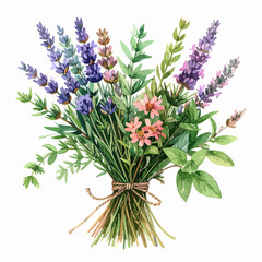 Beautiful watercolor bouquet of lavender and other flowers tied with twine.