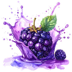 Fresh ripe blackberry with a green leaf in a dynamic purple juice splash.