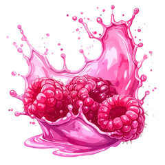 Raspberries in a Splash of Pink Juice Watercolor Illustration.