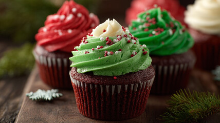 Festive cupcakes with red and green frosting topped with sprinkles evoke holiday cheer. cupcakes are set on wooden surface surrounded by pine branches, creating cozy atmosphere