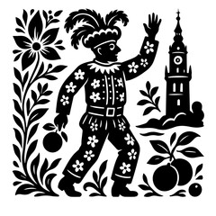 Ornate folk costume figure papercut church tower harvest symbols