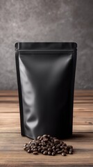 A sleek black standup pouch, perfect for showcasing coffee beans, sits elegantly on a rustic wooden table against a textured gray backdrop, creating a visually appealing scene
