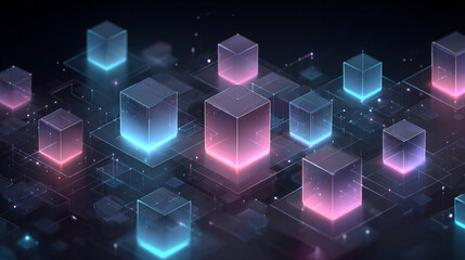 Abstract isometric user interface design with glowing digital blocks on a minimal background, representing business systems, global networks, big data, and smart app concepts in 3D.
