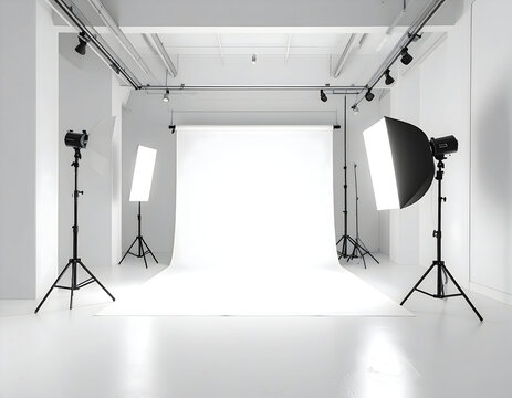Professional photography studio with seamless backdrop and lighting equipment ready for a shoot