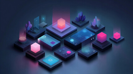 Abstract isometric user interface design with glowing digital blocks on a minimal background, representing business systems, global networks, big data, and smart app concepts in 3D.
