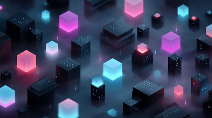 Abstract isometric user interface design with glowing digital blocks on a minimal background, representing business systems, global networks, big data, and smart app concepts in 3D.
