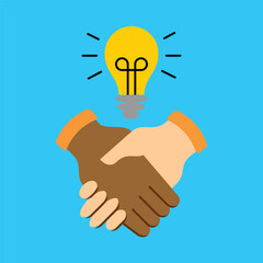 Diverse Business Partners Shaking Hands Under a Bright Idea Lightbulb, Symbolizing Collaboration, Innovation, and Successful Ventures
