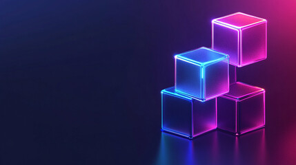 Abstract isometric user interface design with glowing digital blocks on a minimal background, representing business systems, global networks, big data, and smart app concepts in 3D.
