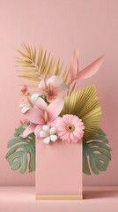 A captivating arrangement of pink flowers and golden leaves creates a visually stunning composition, perfect for adding a touch of elegance and charm to any design