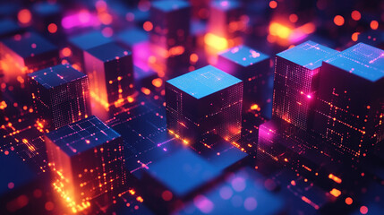 Abstract isometric user interface design with glowing digital blocks on a minimal background, representing business systems, global networks, big data, and smart app concepts in 3D.
