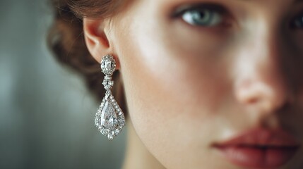 Woman's portrait showing a sparkling teardrop earring in sharp focus, blurred face, makeup, light, and depth