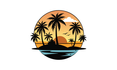 Tropical Beach Sunset and Palm Trees Illustration	