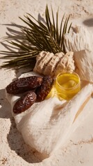 Fototapeta premium Premium Authentic Sukkot Jewish Festival Elements with Dates, Oil, and Palm Branch Spiritual Holiday Celebration for Family Lifestyle and Social Media Marketing
