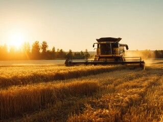 Obraz premium Professional Modern Farming Combine Harvester in Golden Field at Sunset Premium Agricultural Innovation for Rural Marketing and DeFi Insurance Campaigns