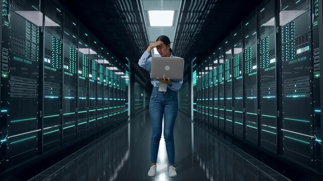 Full Body Of Asian Female With Her Laptop In Server Room Data Center, She Is Nodding Her Shead With Dissapionted