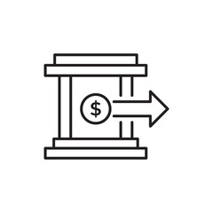 Minimal line icon of a bank with dollar sign and arrow, symbolizing money transfer, finance, and digital payment. Ideal for banking, investment, transaction, and financial technology design projects.