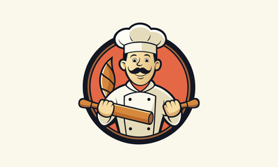 Smiling Male Chef with Rolling Pin Illustration.