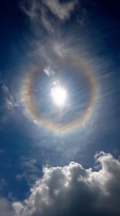 A vibrant 22 degree halo encircles the sun, creating a stunning atmospheric phenomenon against a backdrop of fluffy white clouds and a deep blue sky, a mesmerizing display of natures beauty