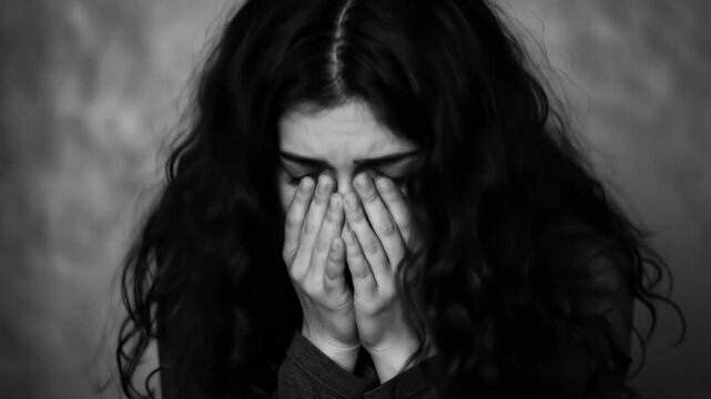 A persons face is hidden by their hands with long dark hair falling around them