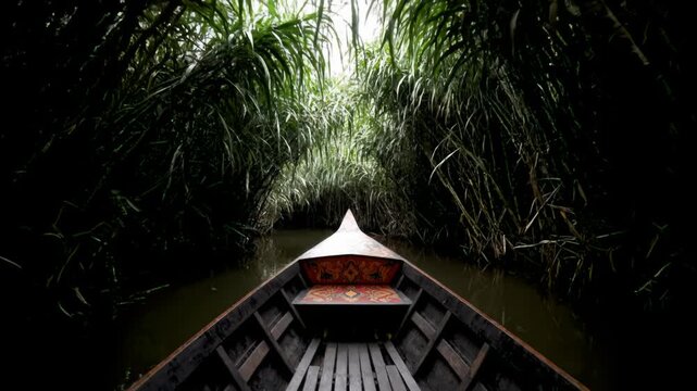 Exploring Serene River Passage with Traditional Boat in Deep Green