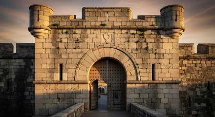 Historic Stone Fortress Gate at Sunset.