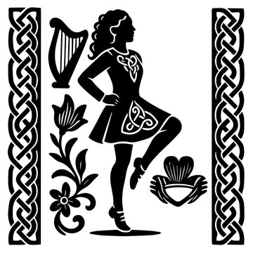 Celtic framed harp dancer papercut elegant step dance Irish folklore