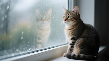 A young, fluffy, white and gray tabby kitten with cute eyes is looking from the window, Cute cat wallpaper
