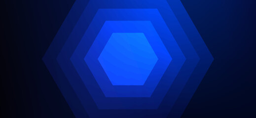 This image showcases a captivating display of layered blue hexagons, each progressively darker, set against a deep navy backdrop creating a mesmerizing geometric tunnel effect.
