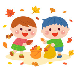 落ち葉拾いをする子どもたちのイラスト