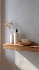 Minimalist bathroom decor featuring a wooden shelf with a vase of dried flowers, a soap dispenser, and a bar of soap against a textured gray wall in soft lighting