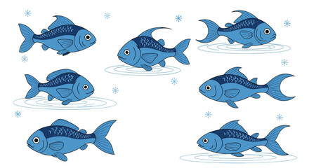 A group of cartoonish blue fish swimming in a clear environment.