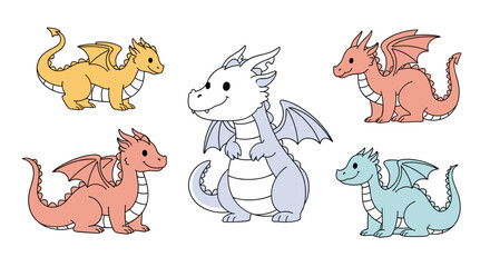 Fototapeta premium Five cartoon baby dragons with wings and horns in different colors and poses.