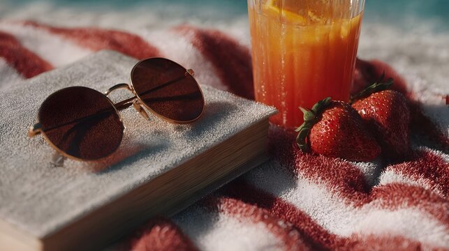 A book sunglasses and a refreshing drink with strawberries rest on a striped beach towel evoking a summer vacation mood