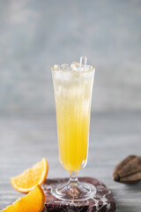 Summer alcohol drink orange mimosa in flute glass. Brunch cocktail