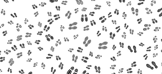 A seamless pattern of black footprint imprints with shoe and bare feet outlines are scattered across a bright white background, creating a repetitive yet dynamic visual texture
